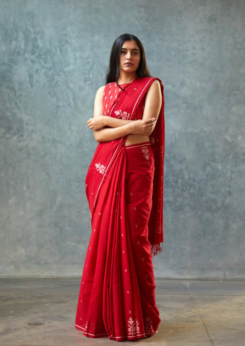 Handwoven Red Bengal Jamdani Saree